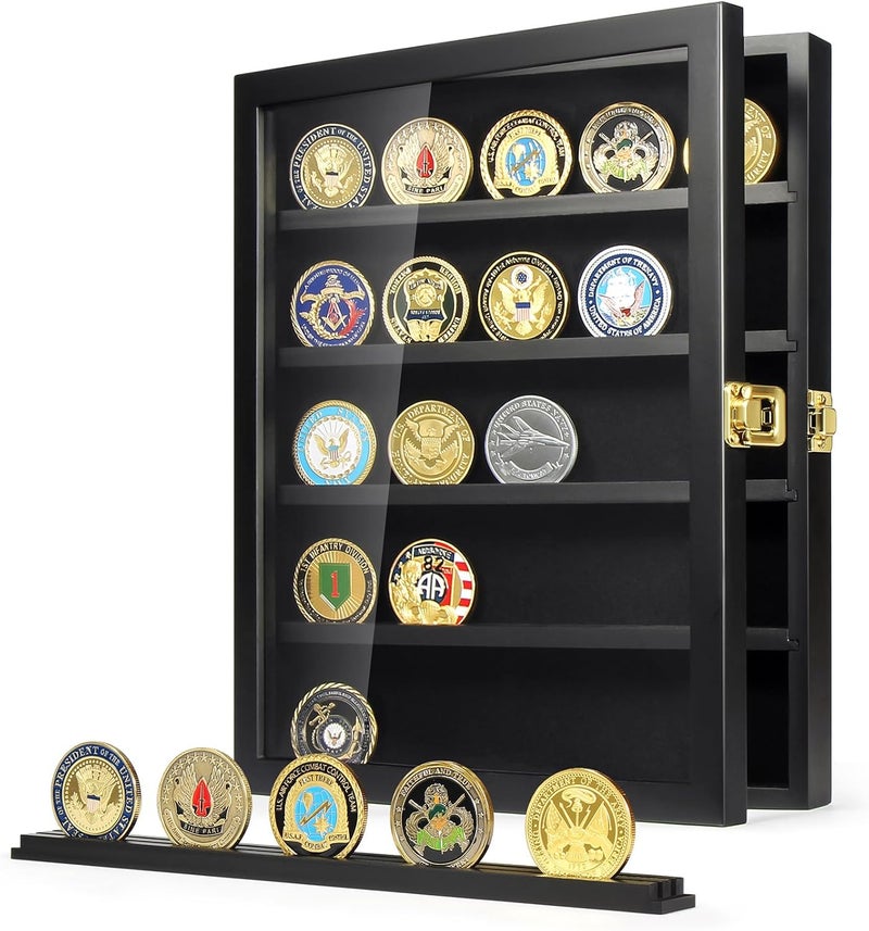 TJMOREE Military Challenge Coin Display Case, Coin Display Holder Wall Mount with Removable Shelves, Shadow Box for Medals Pin Badges Buttons - Image 1